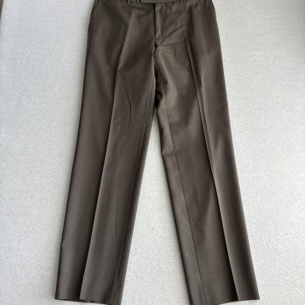 Hugo Boss Mens Brown Micro Check Dress Pants 34x35 Virgin Wool Flat Front